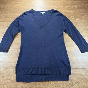 Old Navy Easy Linen V-Neck Sweater Women's M Navy 3/4 Sleeve Tunic Casual Comfy
